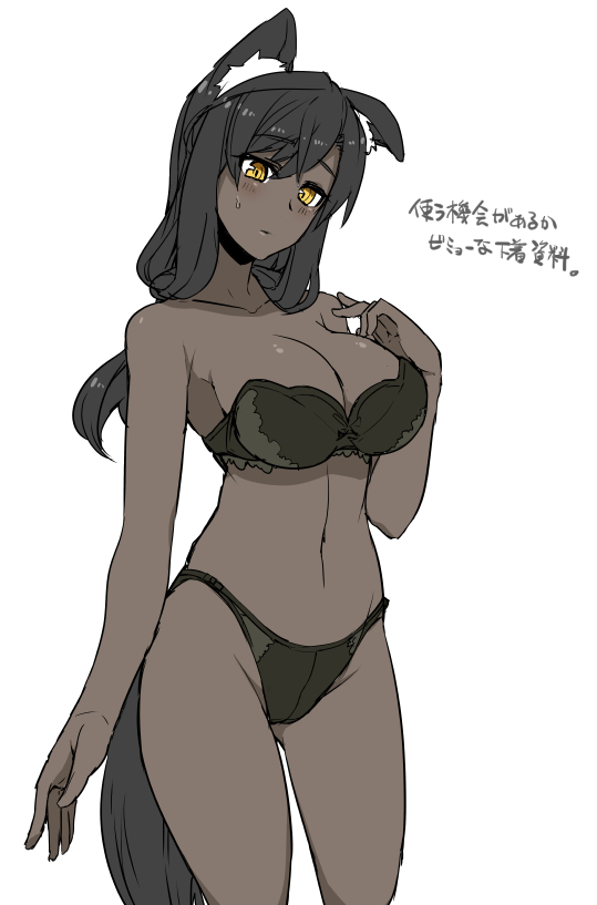 1girl, animal_ears, black_bra, black_hair, black_panties, blush, bra, breasts, cleavage, dark_skin, large_breasts, long_hair, original, panties, pixiv_fantasia, pixiv_fantasia_t, simple_background, smile, solo, strapless_bra, tail, translation_request, tsukinami_kousuke, underwear, underwear_only, white_background, wolf_ears, wolf_tail, yellow_eyes