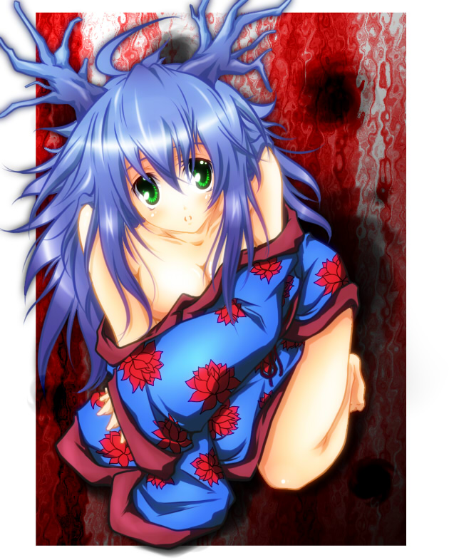 bare_shoulders, barefoot, blue_hair, breasts, cleavage, green_eyes, harushioto, haruyonoto