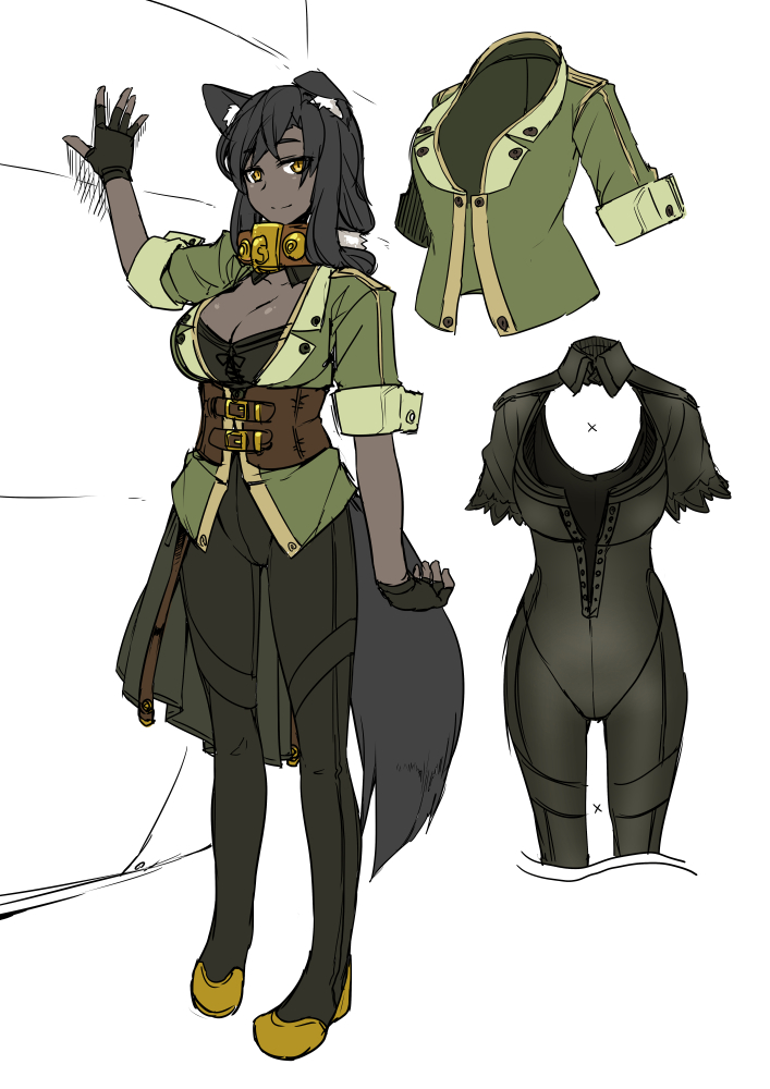 1girl, animal_ears, black_gloves, black_hair, bodysuit, breasts, cleavage, cleavage_cutout, dark_skin, fingerless_gloves, gloves, large_breasts, long_hair, looking_at_viewer, original, pixiv_fantasia, pixiv_fantasia_t, simple_background, sketch, smile, solo, tail, tsukinami_kousuke, white_background, wolf_ears, wolf_tail, yellow_eyes