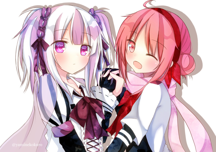 2girls, ;d, bow, hairband, heart, highres, holding_hands, ichinomiya_eruna, interlocked_fingers, looking_at_viewer, mikagura_gakuen_kumikyoku, multicolored_hair, multiple_girls, one_eye_closed, open_mouth, otone_fujishiro, pink_eyes, pink_hair, purple_hair, scarf, school_uniform, signature, smile, twintails, twitter_username, two-tone_hair, violet_eyes, white_hair, yamine_kuro, yuri