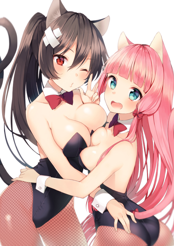 animal_ears, blue_eyes, breast_press, cat_ears, cat_tail, ichijou_kokona, long_hair, looking_at_viewer