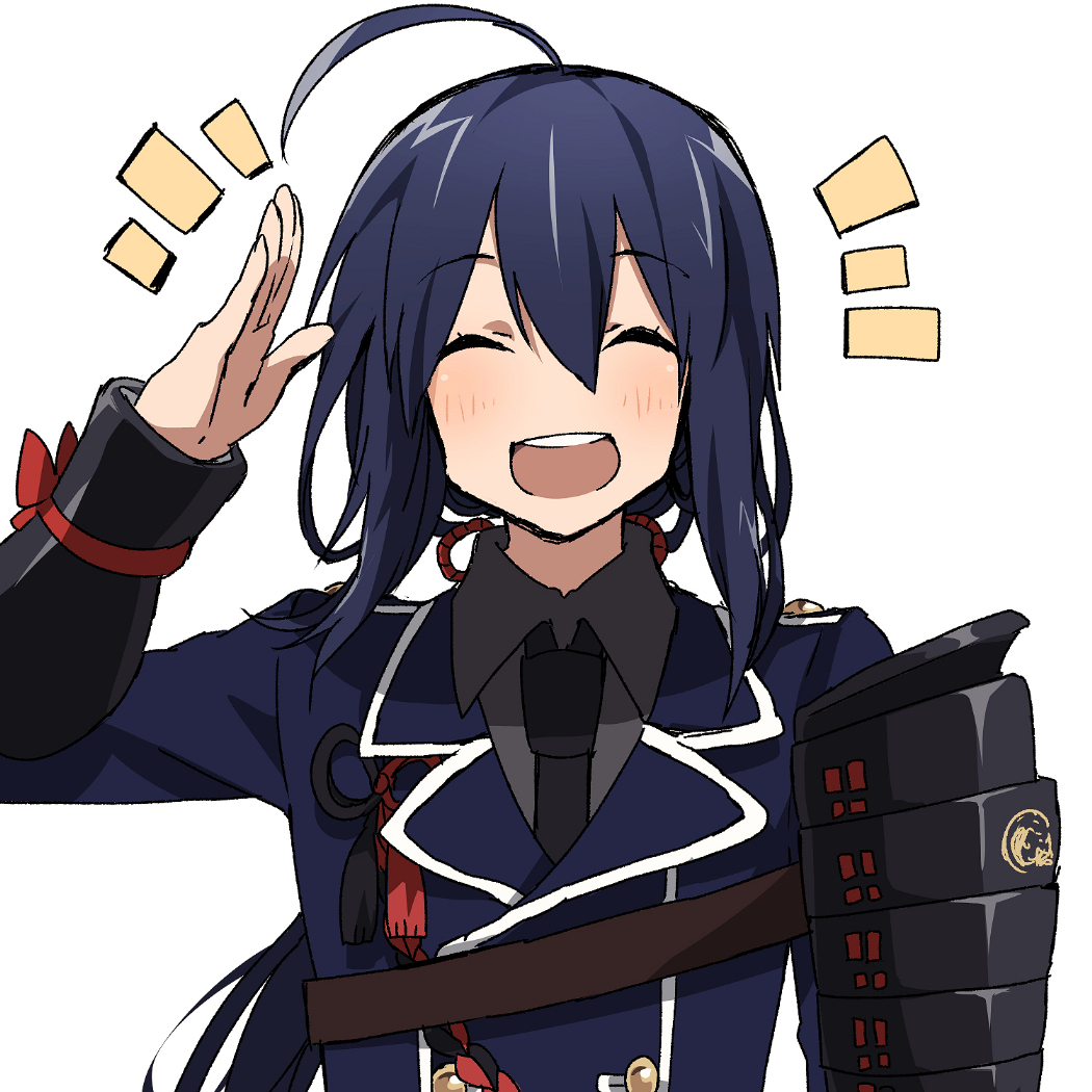 1boy, ^_^, ahoge, black_hair, closed_eyes, matsuki_(mikipingpong), military, military_uniform, namazuo_toushirou, necktie, open_mouth, salute, smile, sode, touken_ranbu, uniform, upper_body