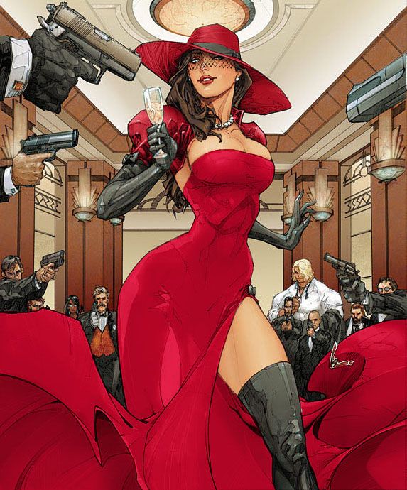 abs, brown_hair, carmen_sandiego, cleavage, dress, gloves, gun, hat