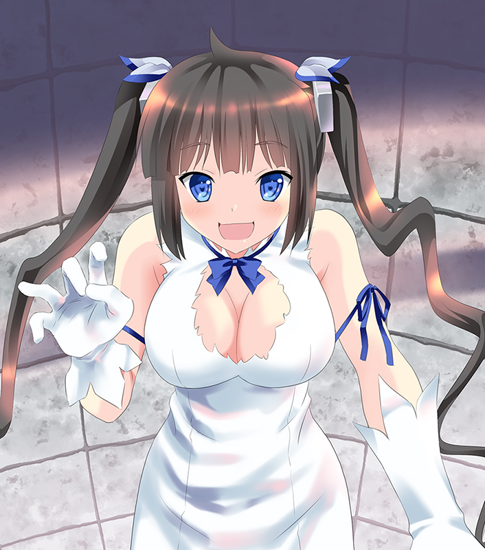 1girl, :d, black_hair, blue_eyes, blush, breasts, cleavage, dungeon_ni_deai_wo_motomeru_no_wa_machigatteiru_darou_ka