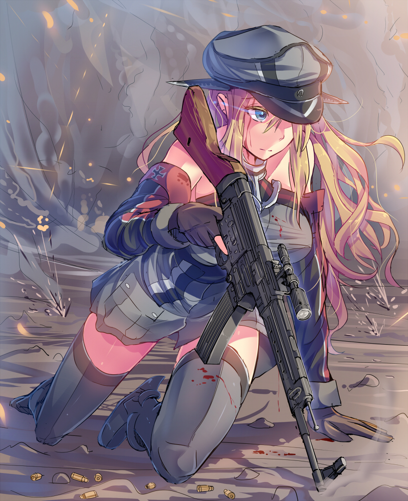 1girl, assault_rifle, bare_shoulders, bismarck_(kantai_collection), black_gloves, blonde_hair, blood, blood_on_face