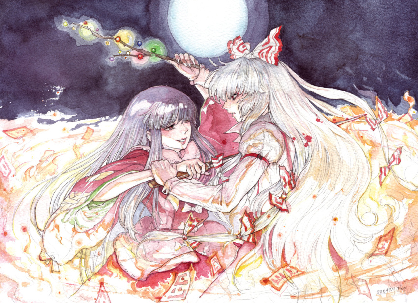 black_hair, blood, chihiro_(artist), chihiro_(kemonomichi), fire, fujiwara_no_mokou, hair_ribbon, houraisan_kaguya