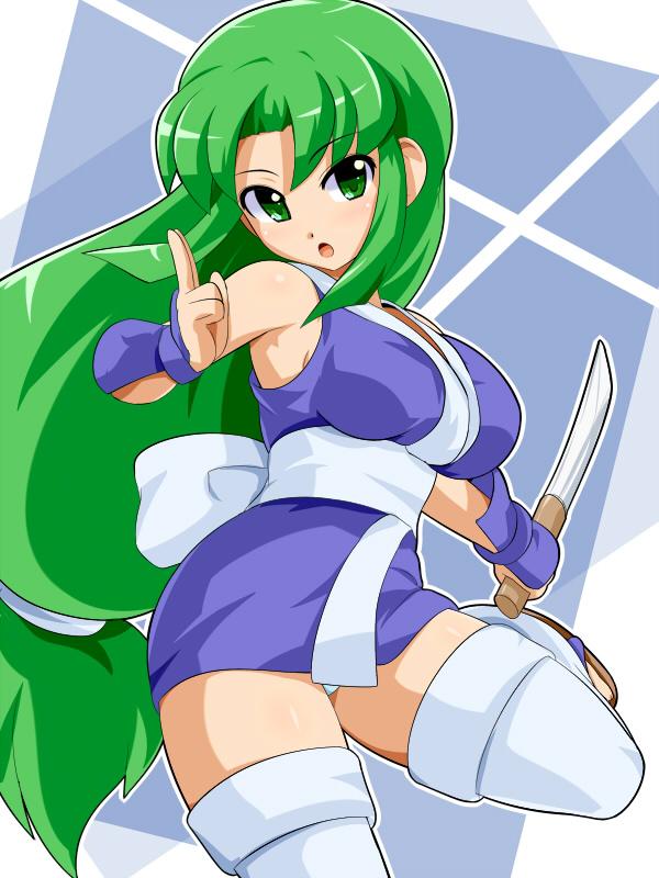 1girl, :o, breasts, ganbare_goemon, green_eyes, green_hair, knife, konpeto