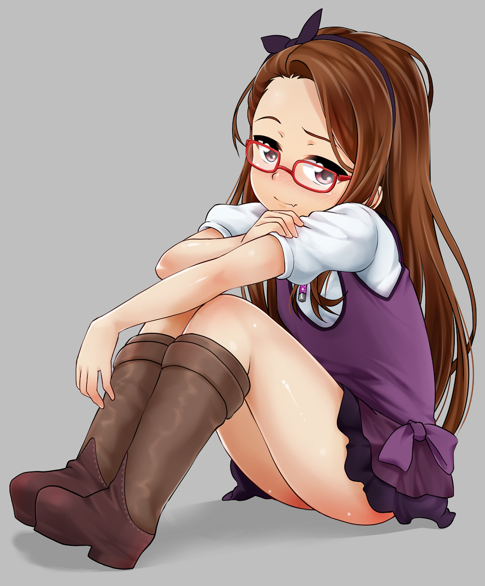 1girl, bespectacled, blush, boots, brown_hair, fang, glasses, hairband