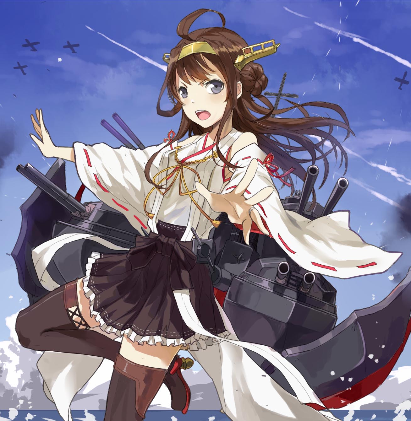 1girl, ahoge, bare_shoulders, battle, blue_sky, boots, brown_hair, brown_skirt