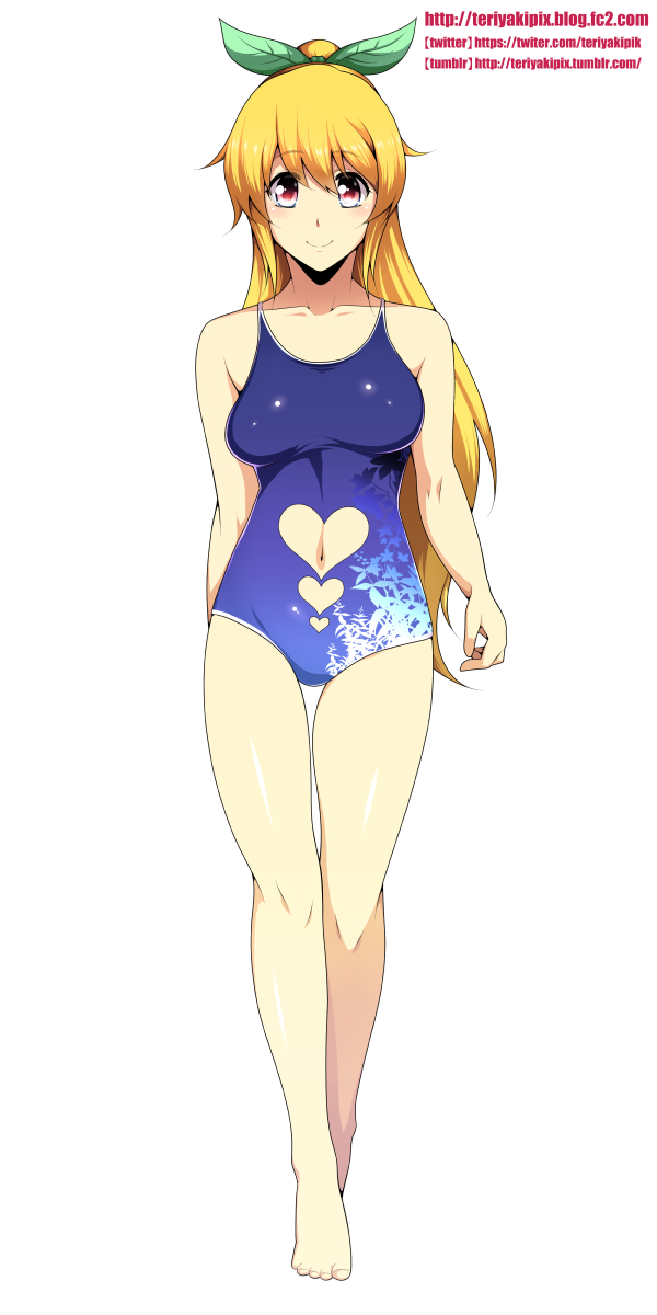 1girl, blonde_hair, breasts, heart_cutout, highres, hiromin, long_hair, looking_at_viewer, nijie-tan, one-piece_swimsuit, original, ponytail, red_eyes, smile, solo, swimsuit