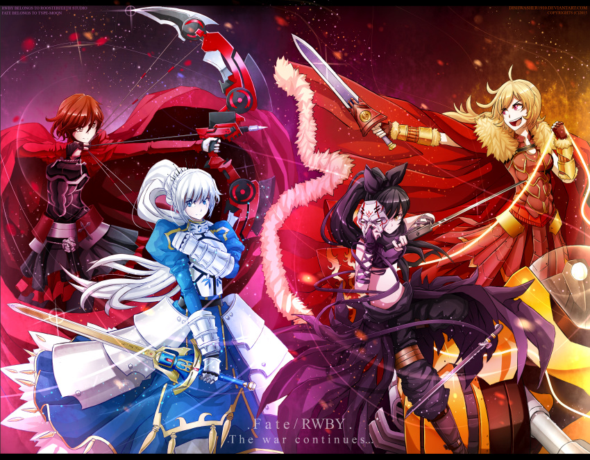 4girls, absurdres, archer, archer_(cosplay), armor, assassin_(fate/zero), assassin_(fate/zero)_(cosplay), black_hair, blake_belladonna, blonde_hair, blue_dress, blue_eyes, bow, bow_(weapon), breastplate, cape, compound_bow, copyright_name, cosplay, cross, crossover, dishwasher1910, dress, english, fate/stay_night, fate/zero, fate_(series), fingerless_gloves, fur-trimmed_cape, gauntlets, gloves, grey_eyes, hair_bow, highres, huge_filesize, lens_flare, light_particles, long_hair, mask, multiple_girls, pantyhose, ponytail, red_cape, redhead, reverse_grip, rider_(fate/zero), rider_(fate/zero)_(cosplay), ruby_rose, rwby, saber, saber_(cosplay), scar, scar_across_eye, short_hair, sword, vambraces, violet_eyes, weapon, weiss_schnee, white_hair, yang_xiao_long, yellow_eyes