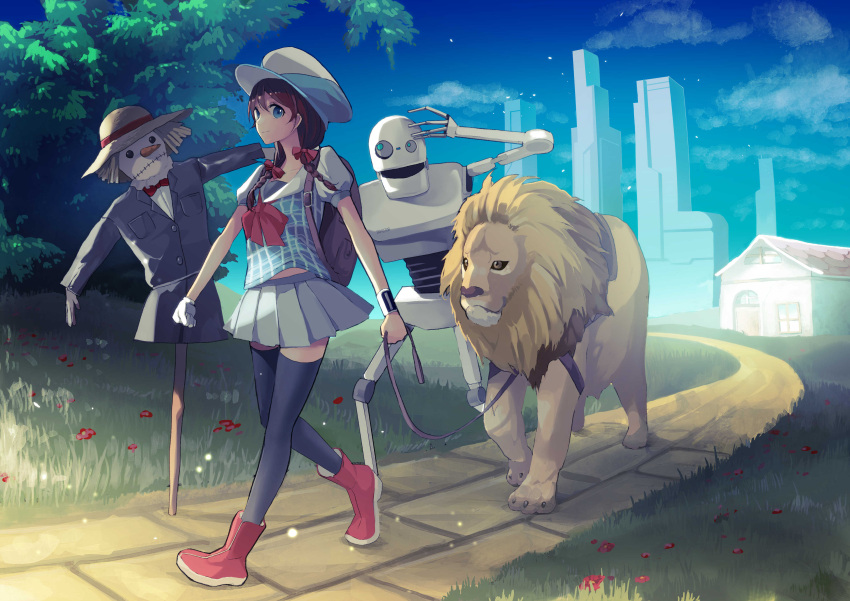 1girl, absurdres, black_legwear, blue_eyes, bow, braid, brown_hair, hat
