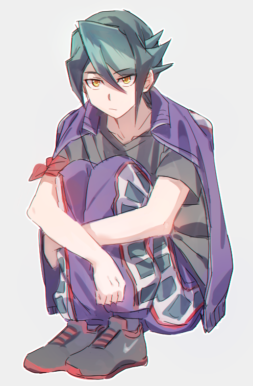 1boy, blue_hair, jacket_on_shoulders, jean1620y, kurosaki_shun, male_focus, multicolored_hair, simple_background, sitting, solo, two-tone_hair, yellow_eyes, yuu-gi-ou, yuu-gi-ou_arc-v