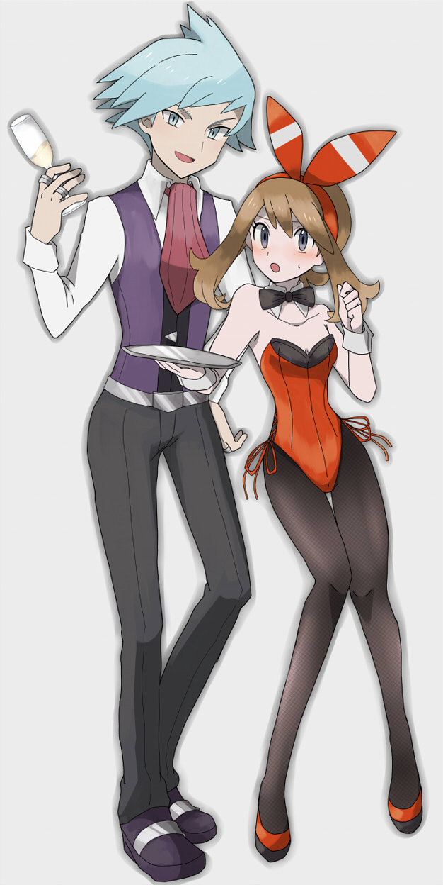 bare_shoulders, belt, blue_eyes, blue_hair, bowtie, brown_hair, bunnysuit, champagne_glass, fishnet_pantyhose, fishnets, haruka_(pokemon), haruka_(pokemon)_(remake), highres, jewelry, kuroi_paseri, open_mouth, pantyhose, plate, pokemon, ring, tsuwabuki_daigo