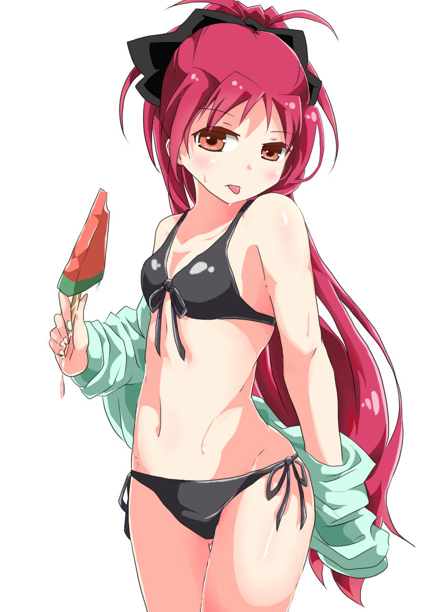 1girl, bikini, highres, long_hair, mahou_shoujo_madoka_magica, nagatani_(nagata2), ponytail, popsicle