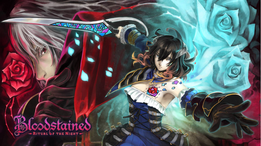 1boy, 1girl, black_hair, bloodstained:_ritual_of_the_night, blue_eyes, brown_hair, detached_sleeves, gauntlets