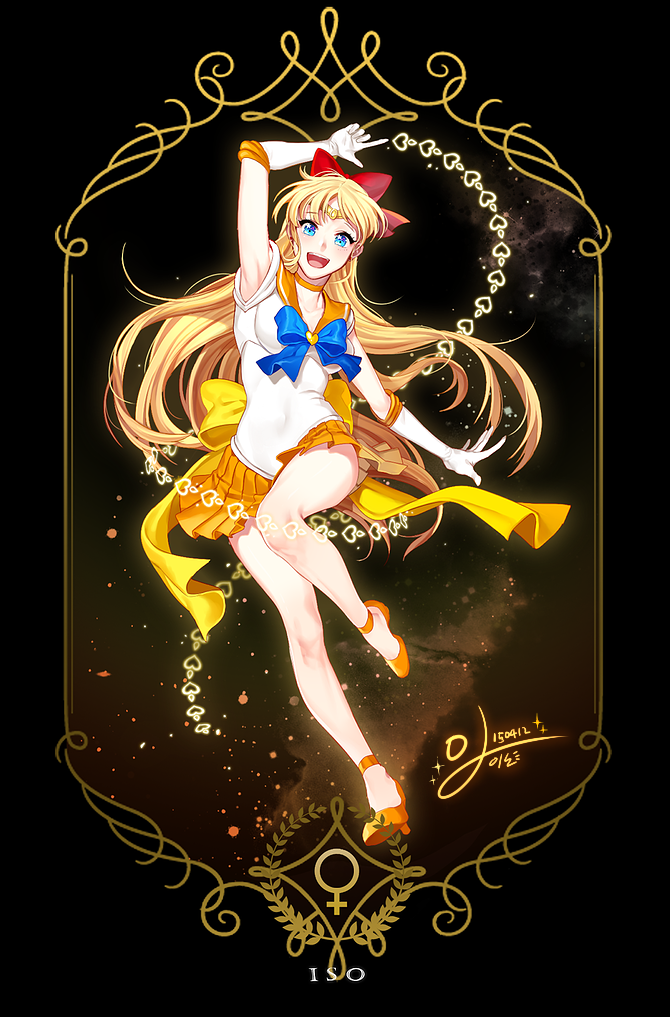 1girl, 2015, :d, aino_minako, arm_up, armpits, bishoujo_senshi_sailor_moon, black_background