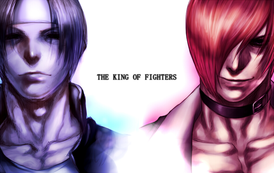 2boys, choker, collarbone, face, hair_over_one_eye, headband, high_collar, king_of_fighters