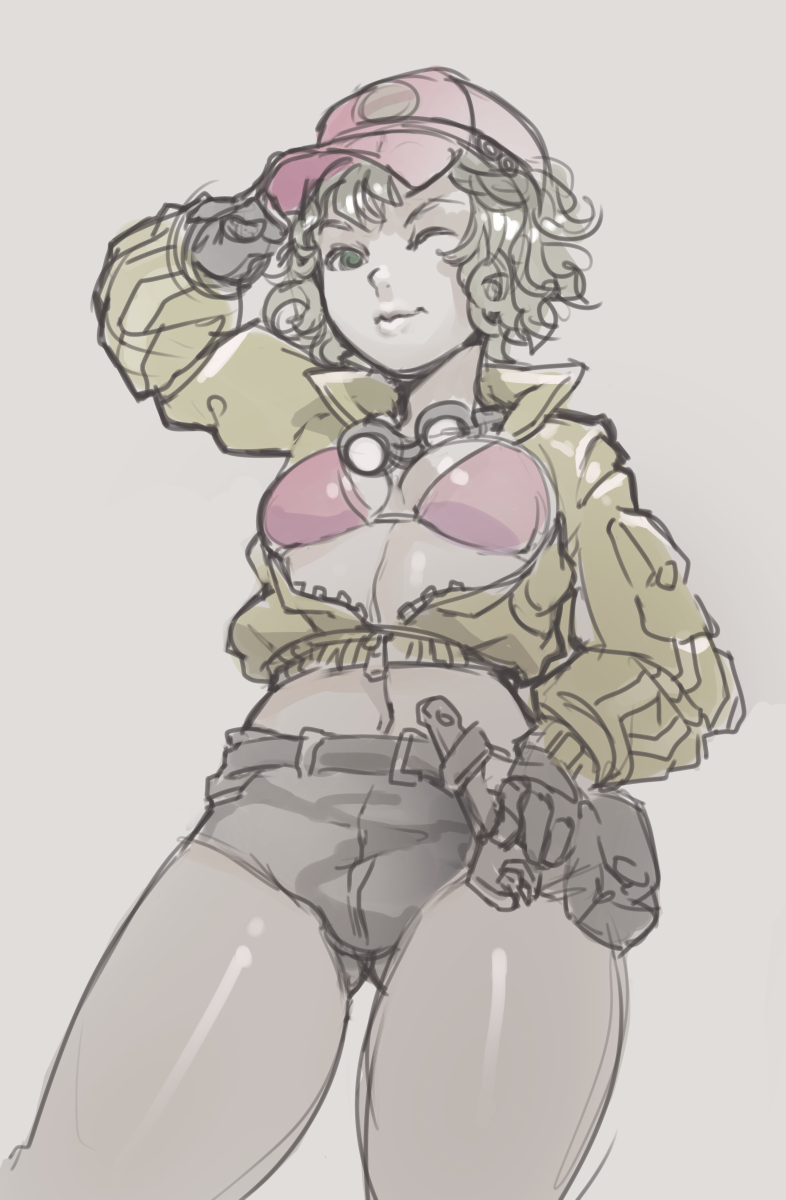 1girl, ;), baseball_cap, bikini_top, black_gloves, blonde_hair, cidney_(final_fantasy), cropped_jacket