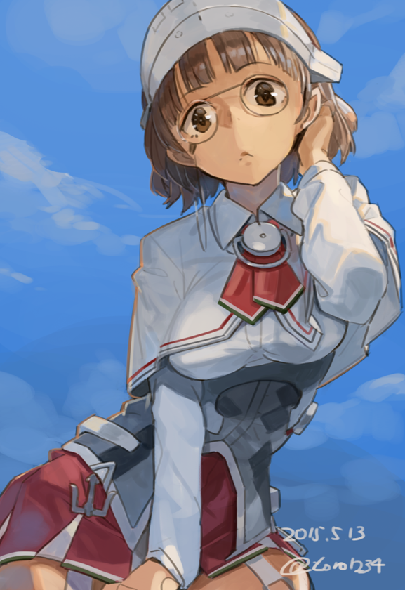 1girl, 2015, :<, blue_sky, brown_eyes, brown_hair, capelet, clouds