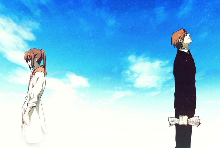 1boy, 1girl, brown_hair, glasses, hair_ornament, hairclip, husband_and_wife, kagerou_project