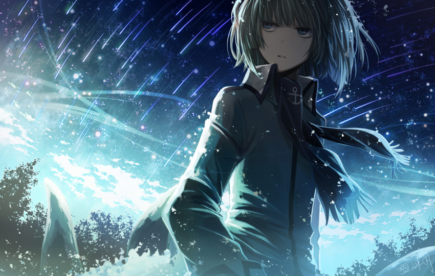 1boy, angel31424, artist_name, blue_eyes, blue_hair, clouds, fukami_(wadanohara), oounabara_to_wadanohara