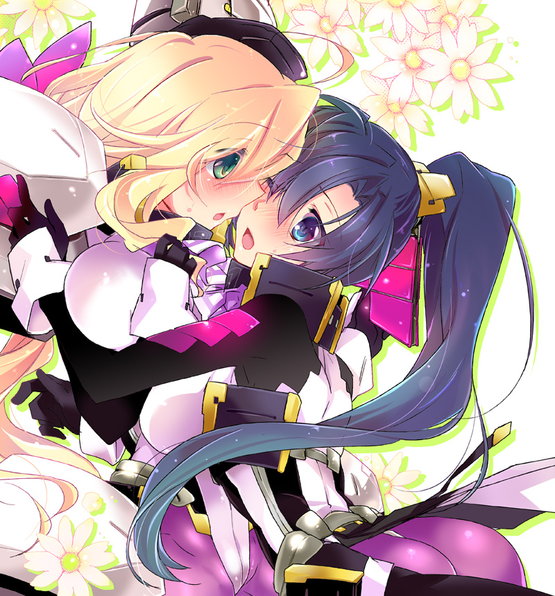 2girls, blonde_hair, blue_eyes, blue_hair, blush, bodysuit, fukushima_masanori, gloves, green_eyes, hat, katou_kiyomasa, kyoukaisenjou_no_horizon, long_hair, mei_(abliss), multiple_girls, ponytail, yuri