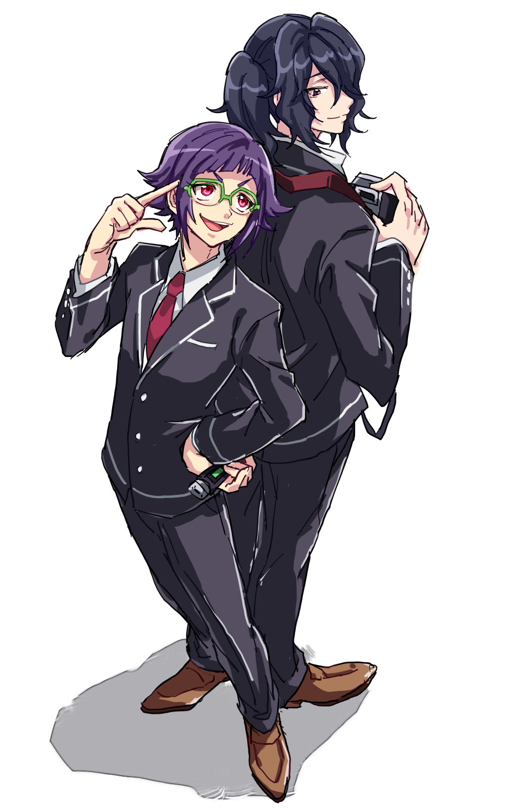 2boys, binan_koukou_chikyuu_bouei-bu_love!, black_hair, blush, camera, glasses, green-framed_glasses, highres, kinosaki_kou, long_hair, male_focus, multiple_boys, necktie, niji_(nijioki), open_mouth, ponytail, purple_hair, red_eyes, school_uniform, smile, tazawa_masuya, violet_eyes