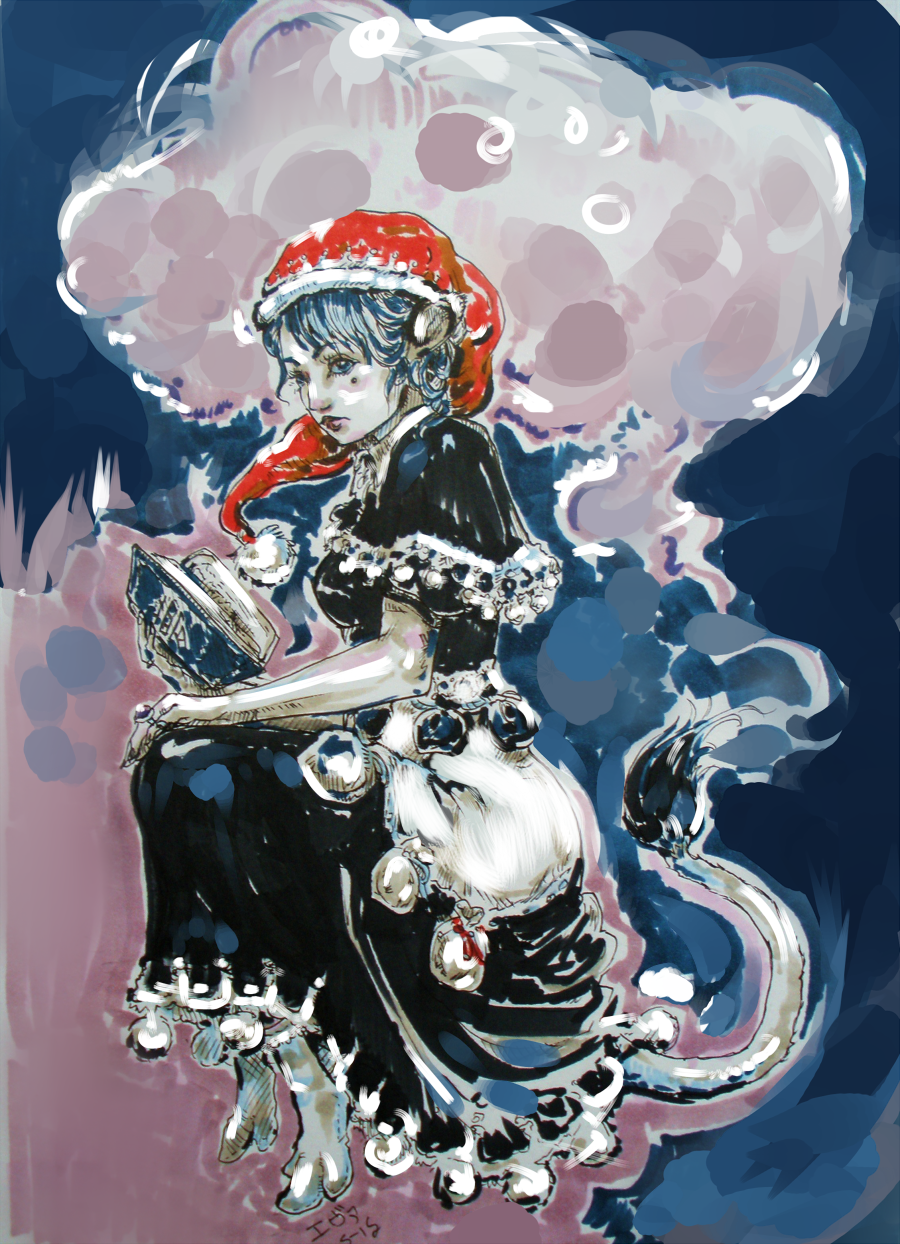 1girl, animal_ears, apron, blue_eyes, blue_hair, blue_sclera, book, capelet