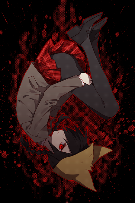 1girl, ass, bangs, black_hair, blood, blood_splatter, bow, braid, female_ass, hat, io_(sinking=carousel), jacket, kurai_yonaka, long_hair, miniskirt, mogeko_castle, pantyhose, plaid_bow, plaid_miniskirt, red_eyes, red_skirt, ribbon, school_uniform, skirt, solo, spoilers