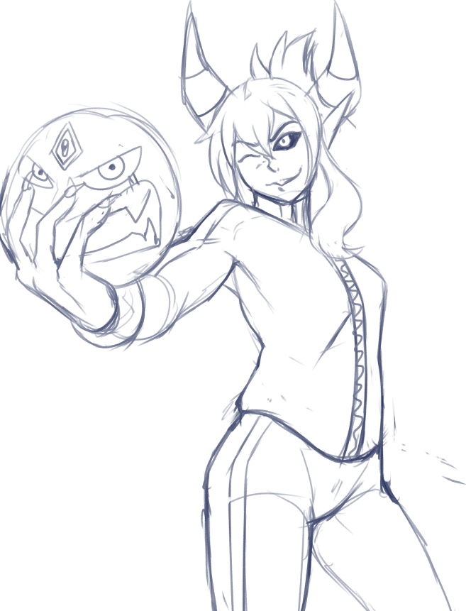 1girl, ;), ball, black_sclera, cowboy_shot, demon_girl, demon_horns, fearless_night