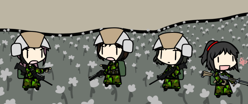 2boys, 2girls, arguing, arma_(series), arma_3, assault_rifle, butterfly, chiappa_rhino