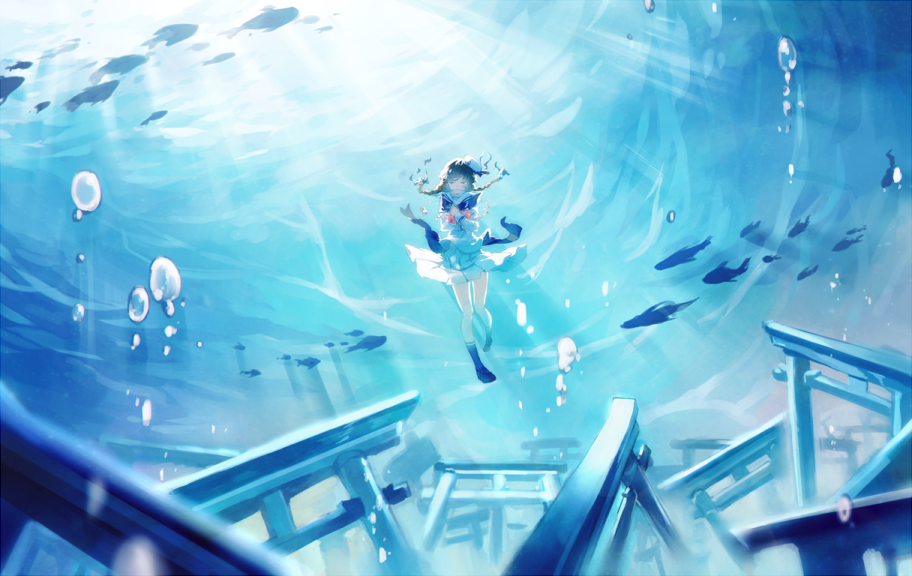1girl, animal, blue, braid, brown_hair, bubble, dress, fish