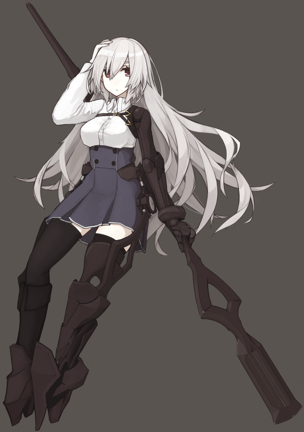 albino, amputee, boots, double-breasted, expressionless, hair_between_eyes, hand_to_head, highres
