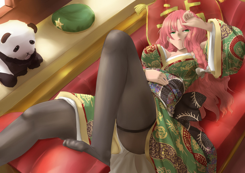 1girl, alternate_costume, black_legwear, braid, breasts, chaise_longue, cleavage, green_eyes