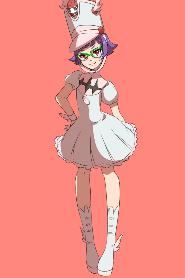 1boy, :3, binan_koukou_chikyuu_bouei-bu_love!, boots, cosplay, crossdressinging, dress, glasses, green-framed_glasses, hat, jakuzure_nonon, jakuzure_nonon_(cosplay), kill_la_kill, kinosaki_kou, male_focus, purple_hair, red_eyes, shako_cap, short_hair, smile, solo