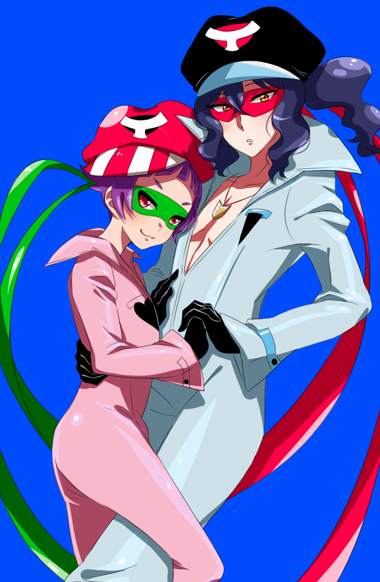 2boys, :3, binan_koukou_chikyuu_bouei-bu_love!, black_hair, blush, bodysuit, cosplay, gloves