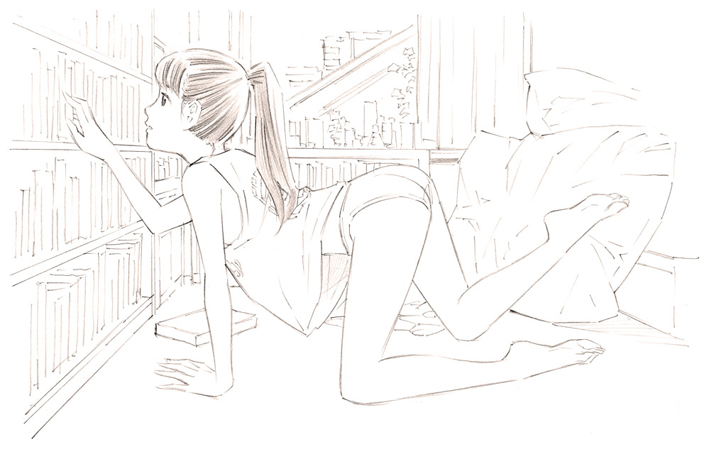 1girl, barefoot, long_hair, monochrome, original, panties, ponytail, sketch