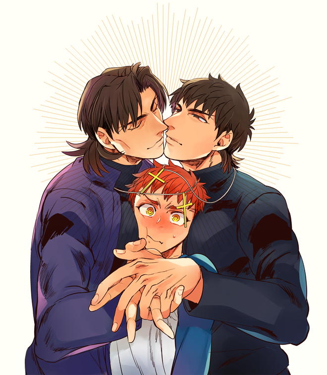 3boys, blush, brown_eyes, brown_hair, cross, cross_necklace, dual_persona, emiya_shirou