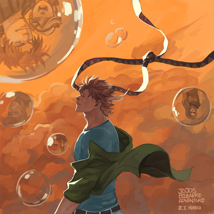 artist_name, bandana, bandana_removed, blonde_hair, bubble, caesar_anthonio_zeppeli, closed_eyes, clouds