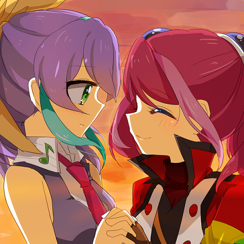 2girls, blue_hair, bow, closed_eyes, cosplay, costume_switch, fingerless_gloves, gloves