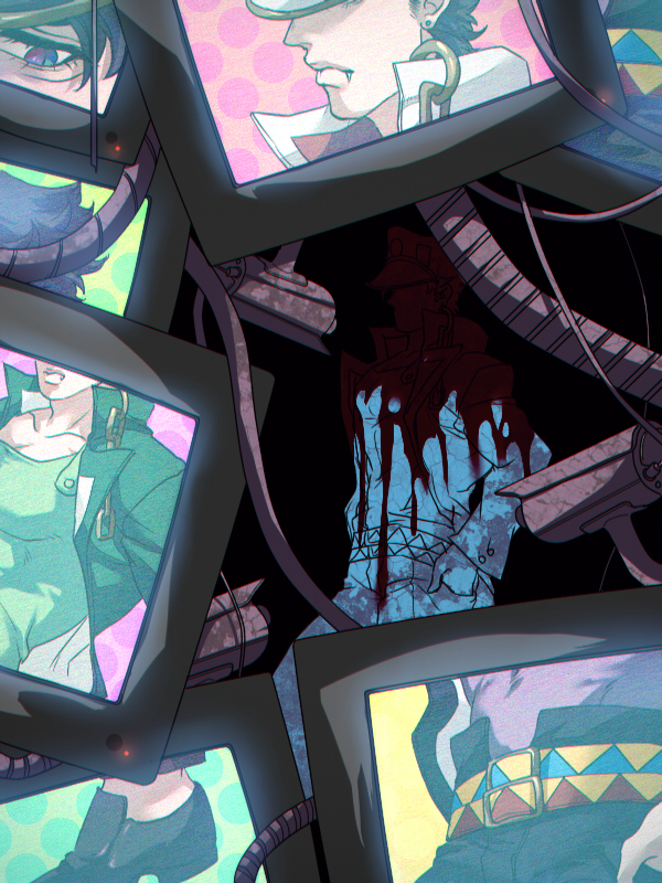 1boy, black_hair, bloody, fang, hat, jojo_no_kimyou_na_bouken, kuujou_joutarou, less_end, long_coat, solo, television, vampire
