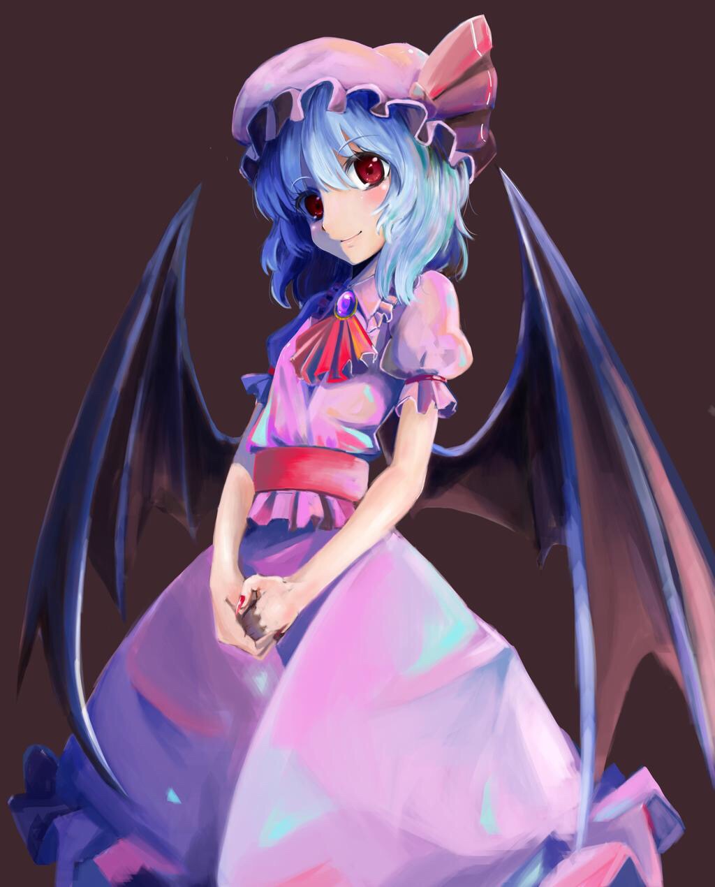 1girl, ascot, bat_wings, blue_hair, bow, brown_background, fingernails, frills