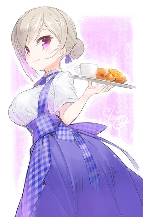 1girl, breasts, croissant, cup, danish, hair_bun, koubeya_uniform, minoa_(lastswallow)