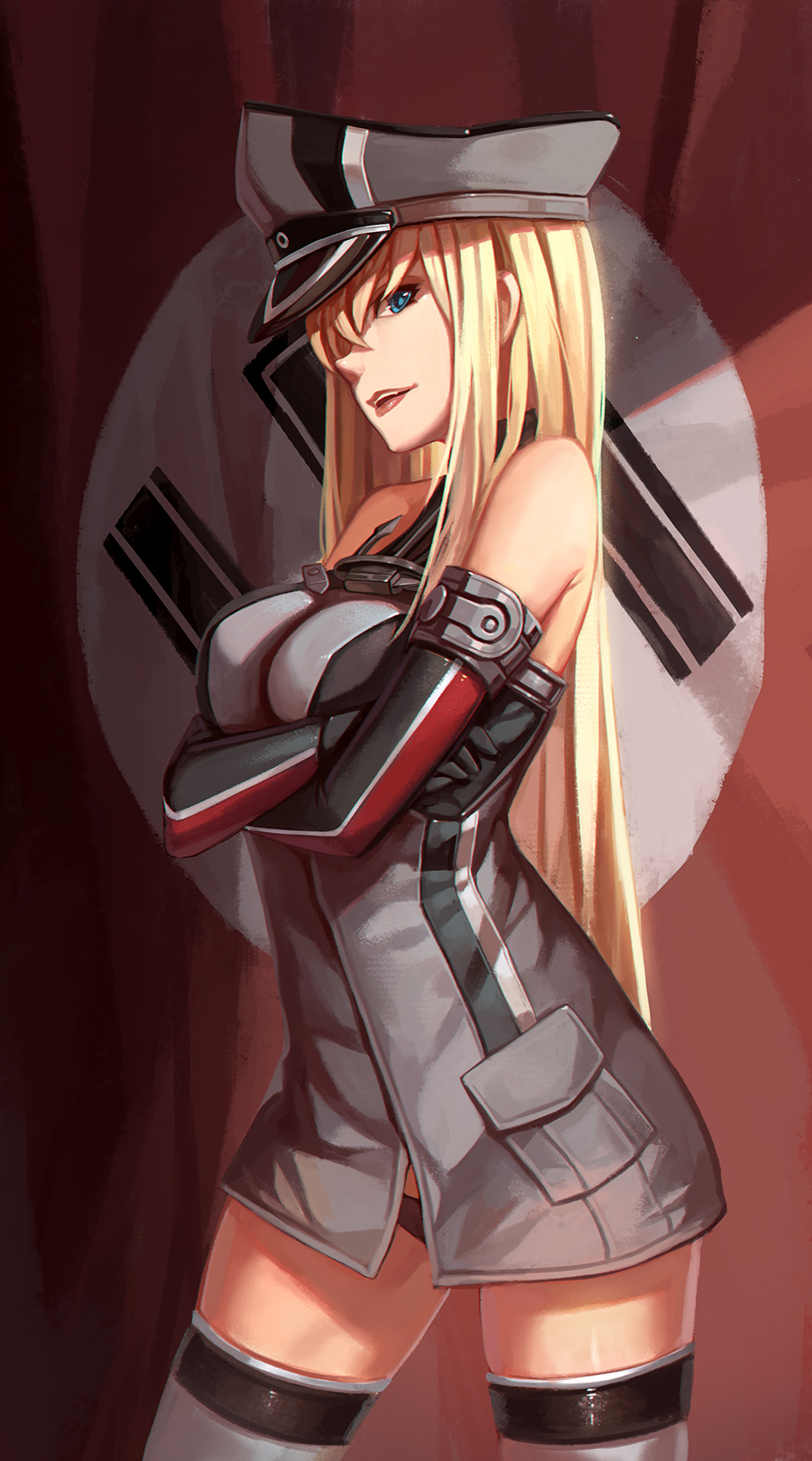1girl, bismarck_(kantai_collection), blonde_hair, blue_eyes, crossed_arms, elbow_gloves, gloves, hat