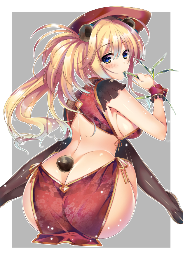 1girl, animal_ears, ass, back, backless_outfit, black_legwear, blonde_hair, blue_eyes, breasts, commentary_request, hanpen_(hannpenn2), hat, knees_together_feet_apart, large_breasts, looking_at_viewer, no_bra, original, panda_ears, panda_tail, personification, side_slit, sideboob, sitting, solo, tail, thighs, wrist_cuffs