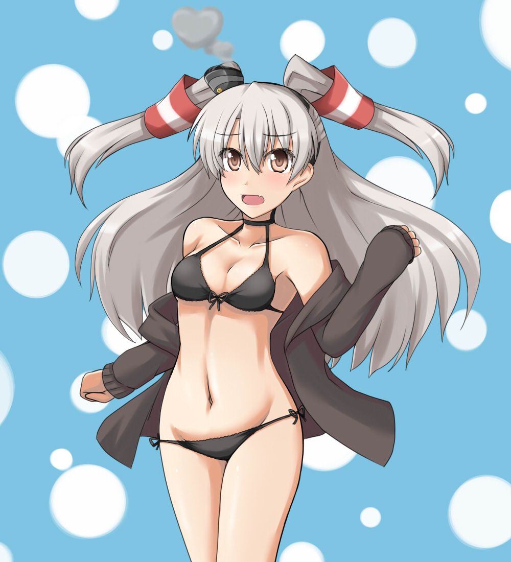 1girl, amatsukaze_(kantai_collection), bikini, brown_eyes, hair_tubes, jacket, kantai_collection, long_hair, mono_(mono60), silver_hair, swimsuit, two_side_up
