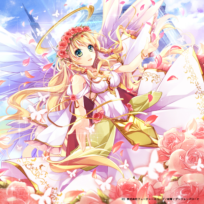 1girl, angel, angel_wings, bare_shoulders, blonde_hair, blue_sky, bracelet, braid, breasts, building, butterfly, cleavage, clouds, dress, flower, green_eyes, hair_flower, hair_ornament, halo, jewelry, long_hair, marimo_moka, necklace, open_mouth, original, pendant, petals, pink_rose, rose, sash, sky, skyscraper, smile, solo, sparkle, twin_braids, very_long_hair, white_dress, wings