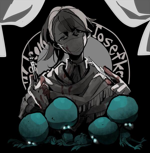 1girl, blood, bloodborne, curtains, gloves, iosefka, kmitty, ponytail