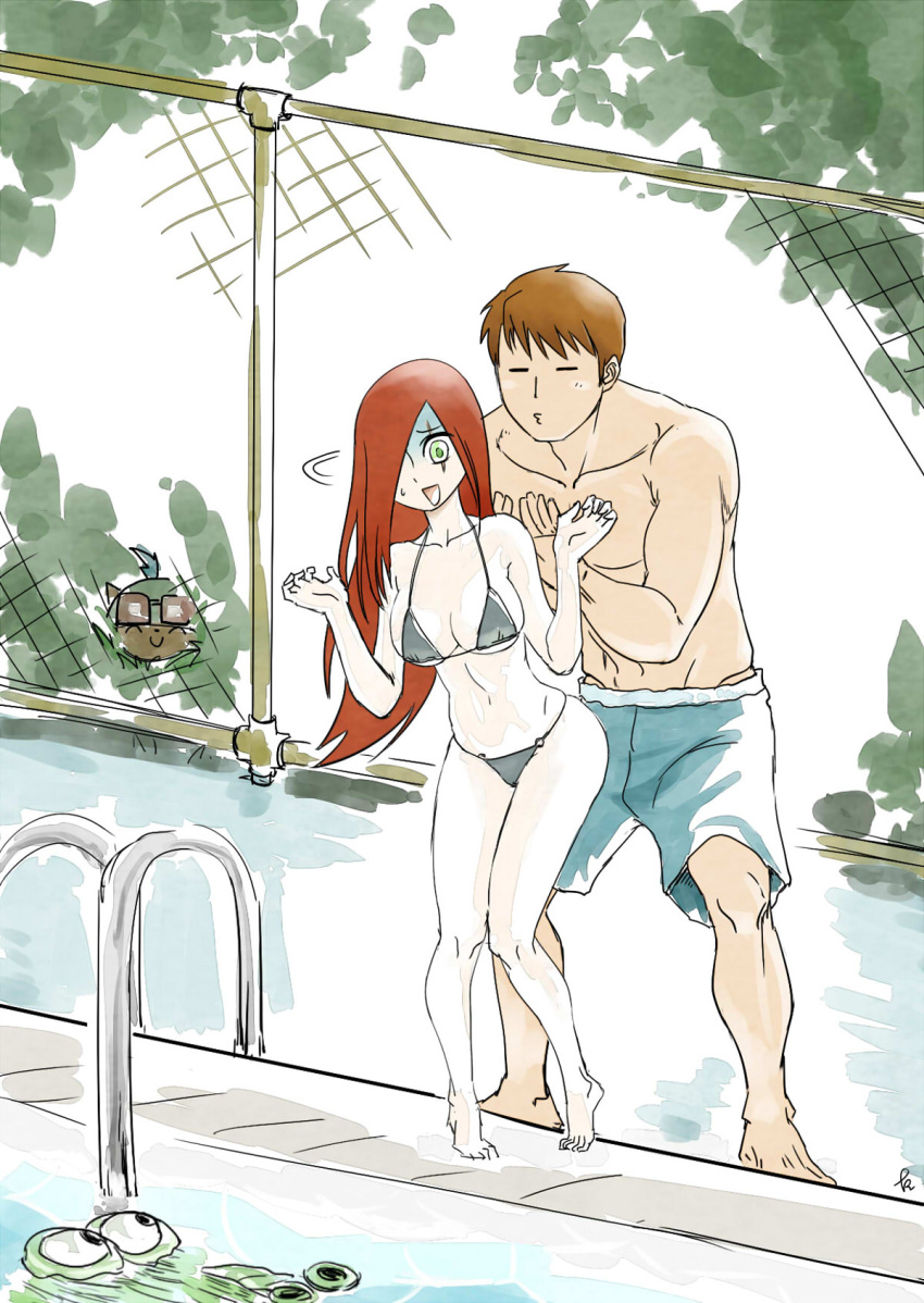 1girl, 3boys, bikini, brown_hair, catnap_knight_kureto, commentary, crocodile, crocodilian